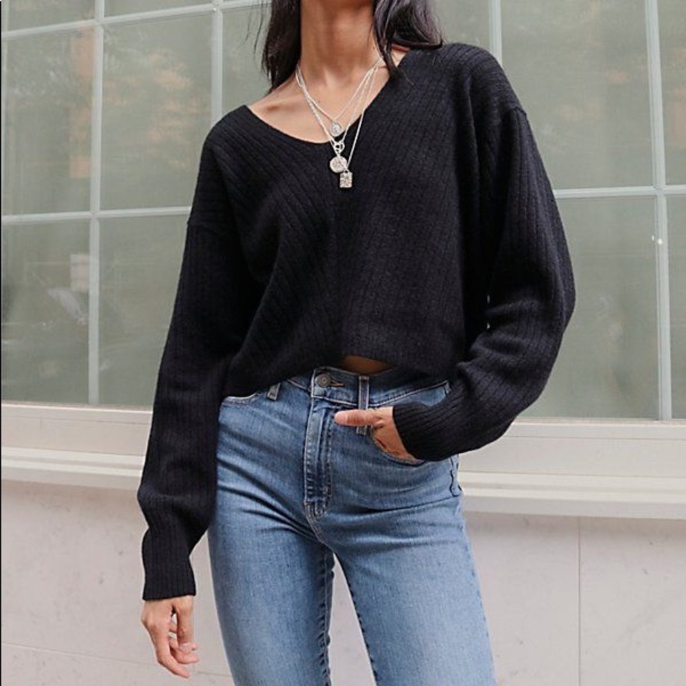 Free People Elias Black Cashmere V Neck Sweater with Ribbed Detailing